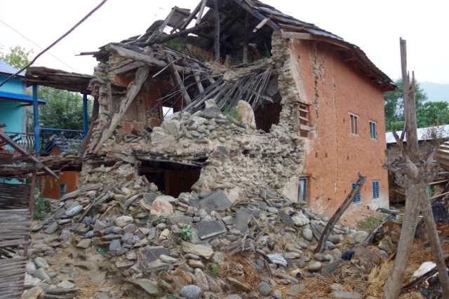 An earthquake-damaged house.