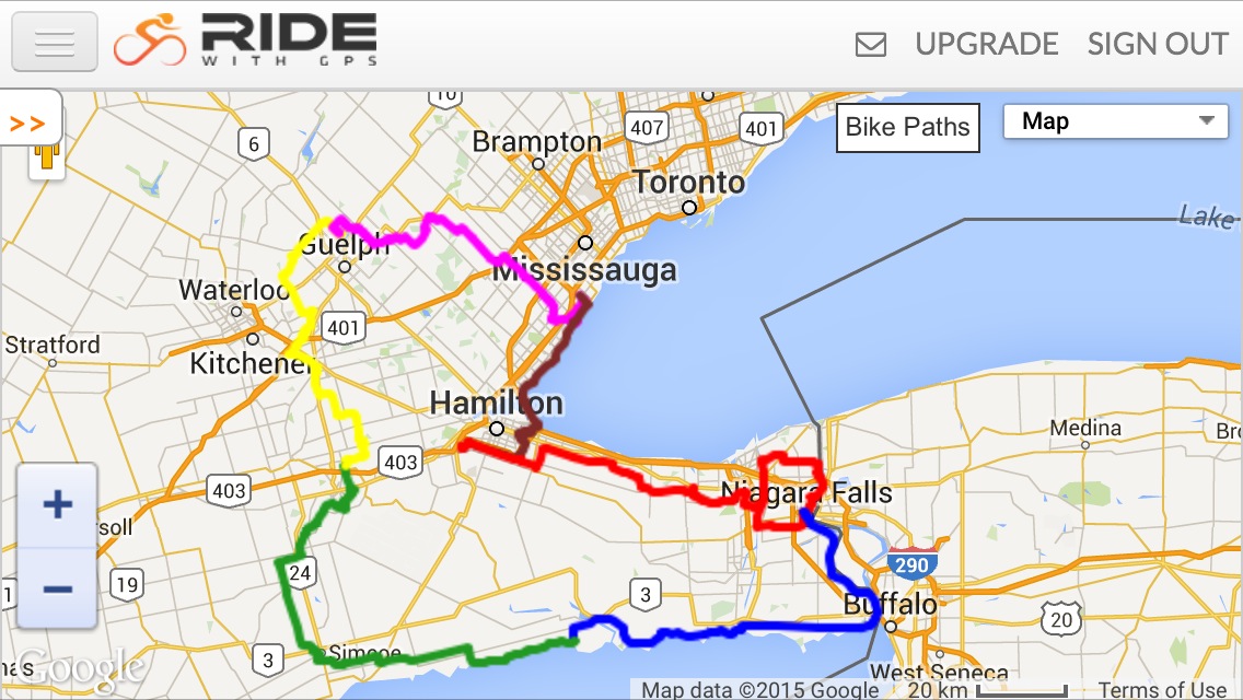 The cycling route for Sea to Sea East: June 29 (Red), June 30 (blue), July 1 (green), July 2 (yellow), July 3 (pink), July 4 (burgandy)