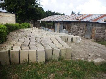 Bricks for the new house in front of the chicken coop structure where Mary lived with her family (hens are kept on the left side)