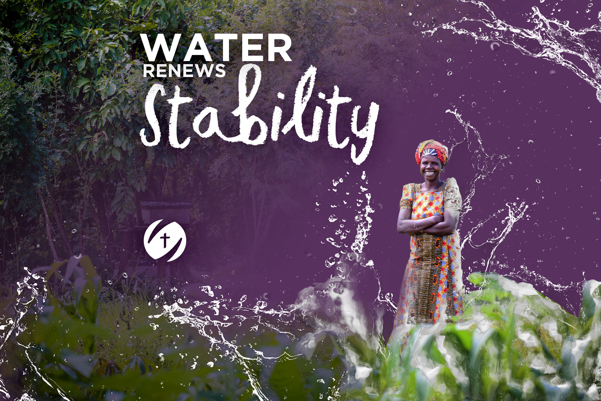 Water Renews Stability. Smiling woman stands with arms crossed in a field of crops in Uganda.