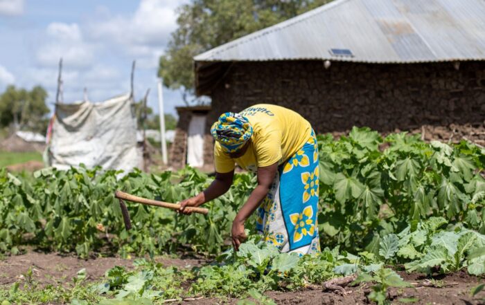 Woman tending a vegetable garden with a hoe, wearing a yellow shirt and patterned skirt.